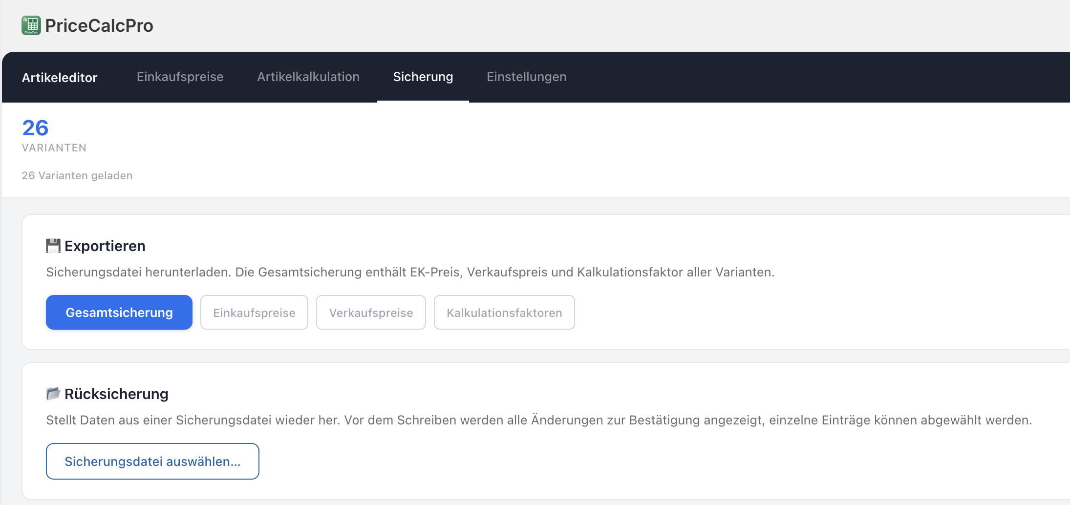 The backup tab of PriceCalc Pro with export options and restore.